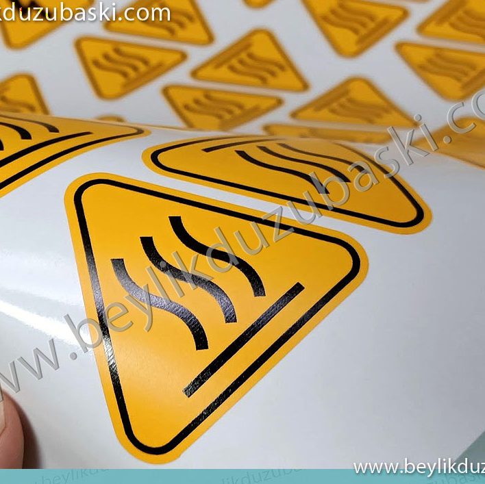 Sarı etiket, ısıya dayanıklı sarı etiket, baskes etiket, acil baskes etiket, makine için, üçgen, ısı etiketi