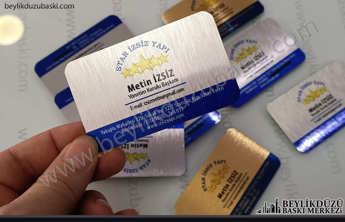 Isszi Yapı metal card printings are produced in silver and gold colors, they are produced as fast cards, they are issued in 1 hour for your urgent demands, quality metal card printing, Quality emergency business cards, metal cards, for real estate agents, vip card printing, card printing for private persons