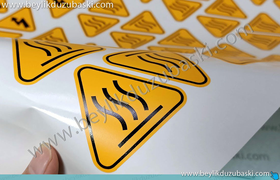 Sarı etiket, ısıya dayanıklı sarı etiket, baskes etiket, acil baskes etiket, makine için, üçgen, ısı etiketi