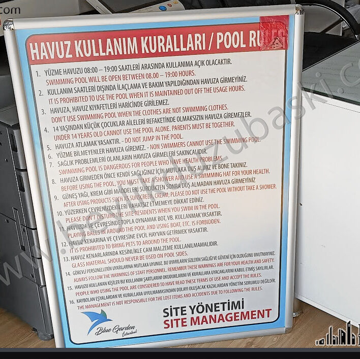 havuz kuralları tabela, 70x100 cm çerçeve içine kağıt, havuz kuralları türkçe ve ingilizce belirtilmiştir, istenilen ebat yapılır, kaliteli ürün, aynı gün gönderim