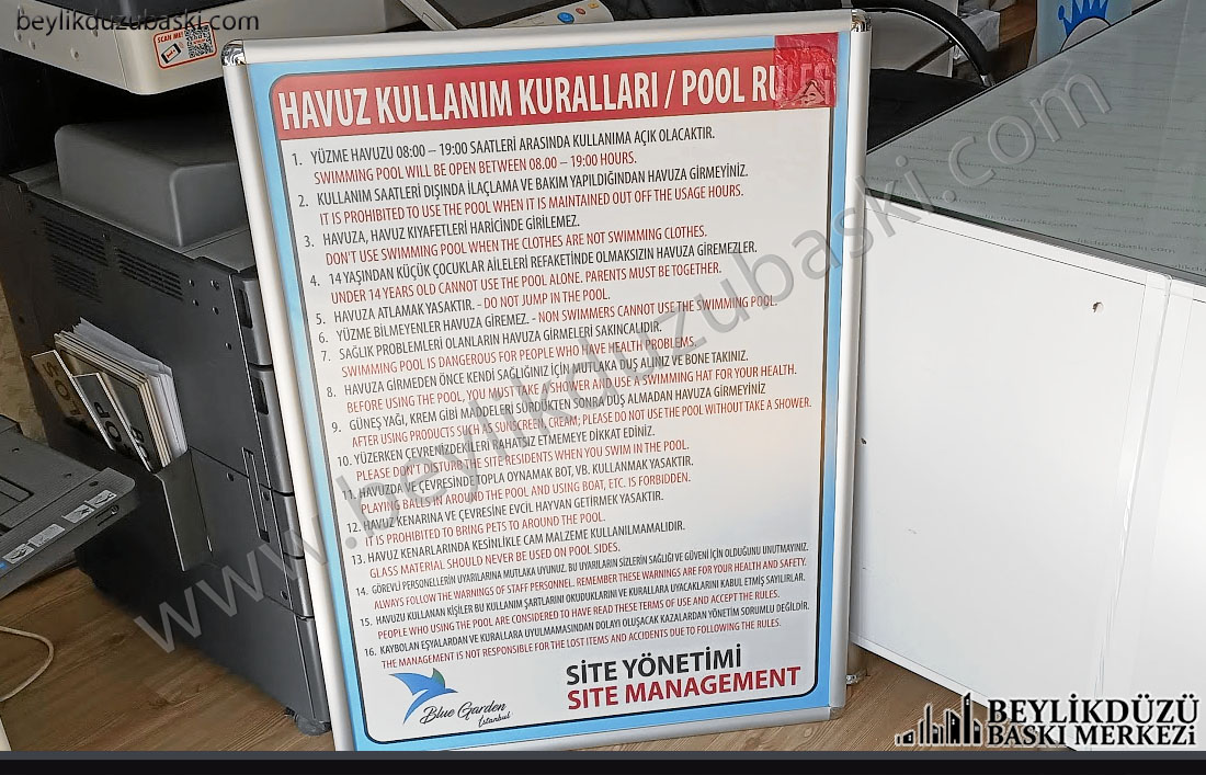 havuz kuralları tabela, 70x100 cm çerçeve içine kağıt, havuz kuralları türkçe ve ingilizce belirtilmiştir, istenilen ebat yapılır, kaliteli ürün, aynı gün gönderim