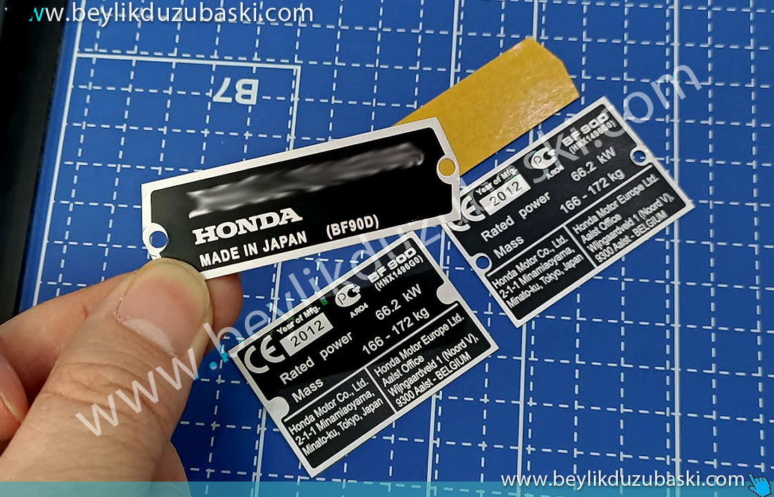 Honda BF90D metal etiket, deniz motorları için, yıpranmış silinmiş, kaybolmuş etiket yerine, aslına uygun metal plaka baskıları, Honda BF 90 D metal label, for marine engines, instead of worn, erased, lost labels, true metal plate prints