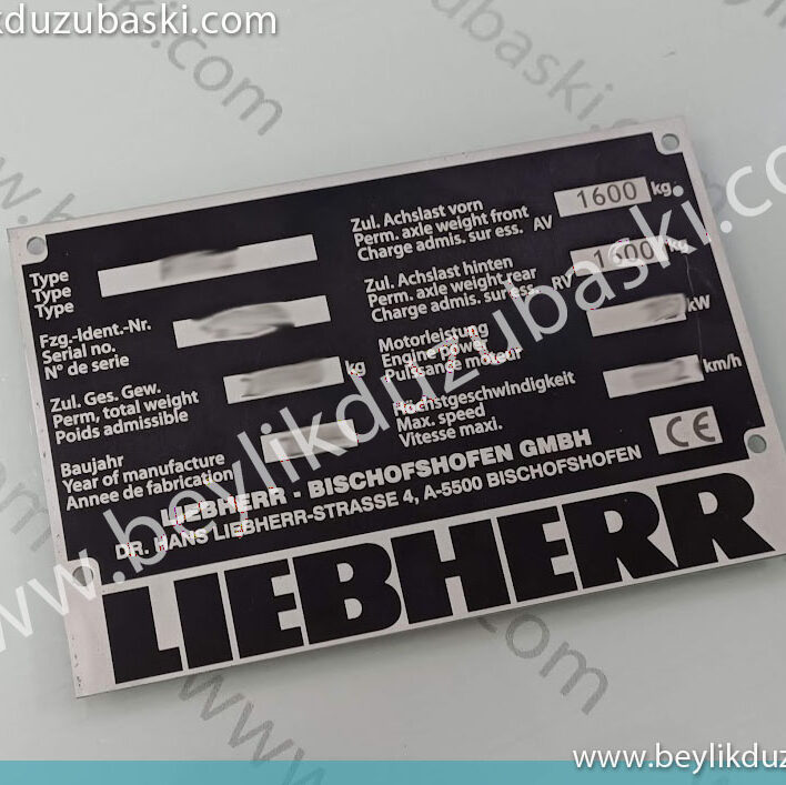 liebherr metal machine tag, erased worn metal plate printing, machine serial number tag, black metal 30 years durability
