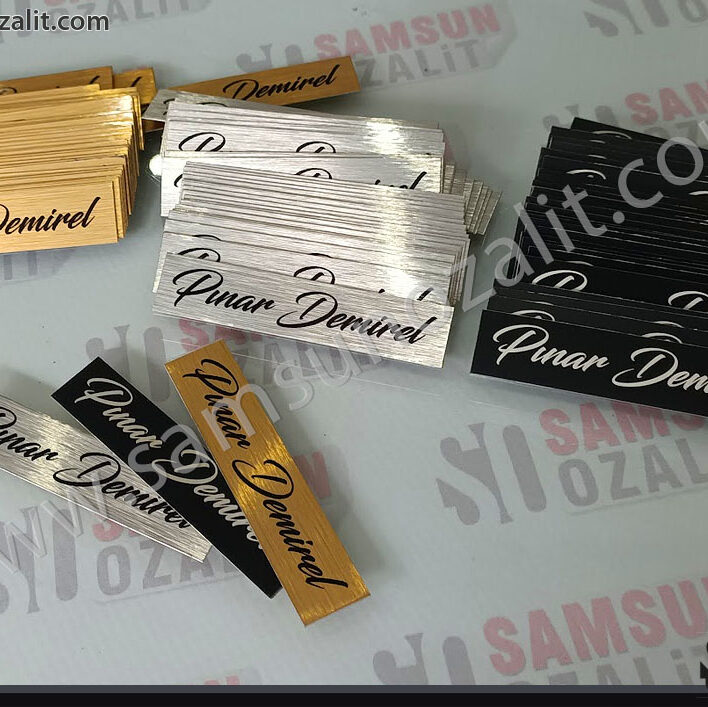 Metal label printing, gold, silver, black metal production, name printing under the table, name printing of the person producing handmade products, metal name printed labels