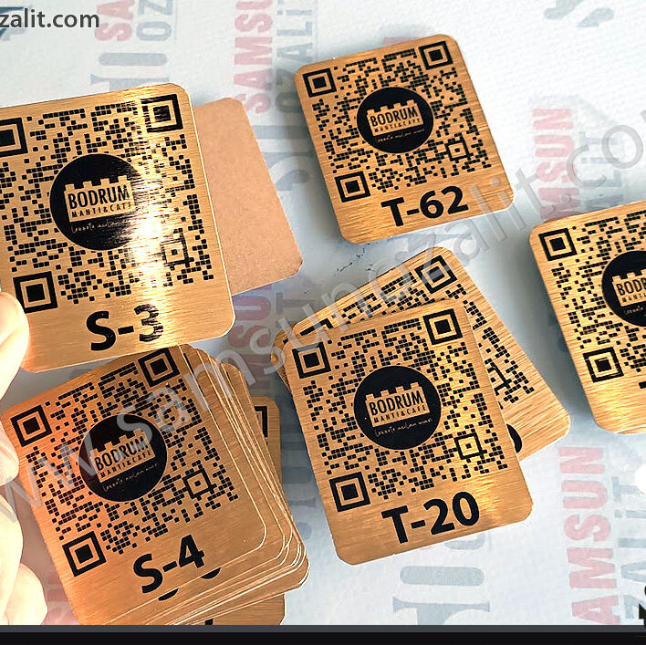 QR printed menu metal plate for Cafe Restaurant, bodrum ravioli cafe, metal QR code label, quality product, gold color metal plate, same day design support, and production cargo, metal label printing center, logo, qr and number printing on metal , design support is provided, shipping is done on the same day