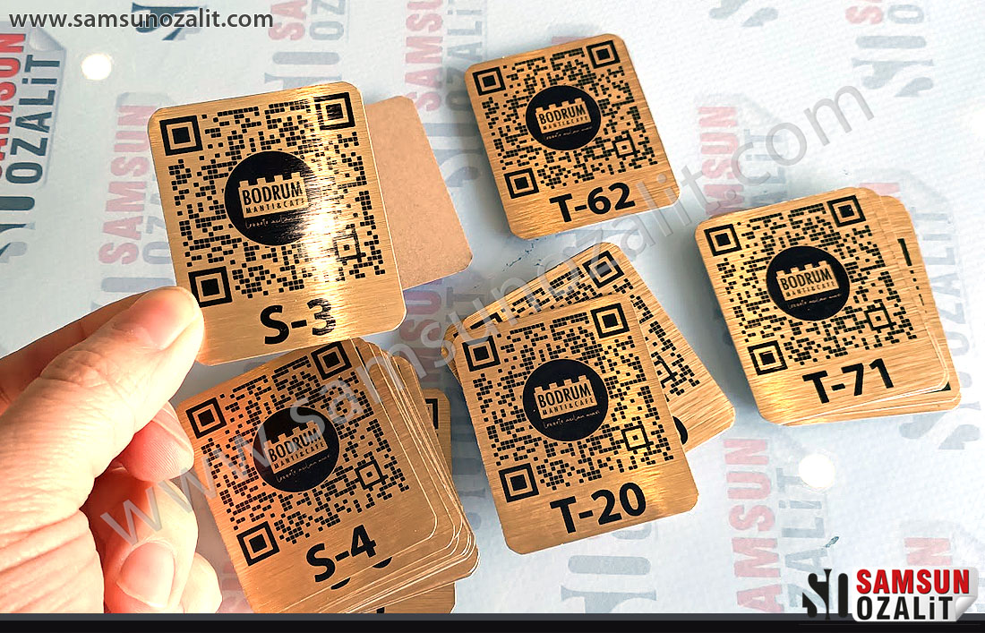 QR printed menu metal plate for Cafe Restaurant, bodrum ravioli cafe, metal QR code label, quality product, gold color metal plate, same day design support, and production cargo, metal label printing center, logo, qr and number printing on metal , design support is provided, shipping is done on the same day