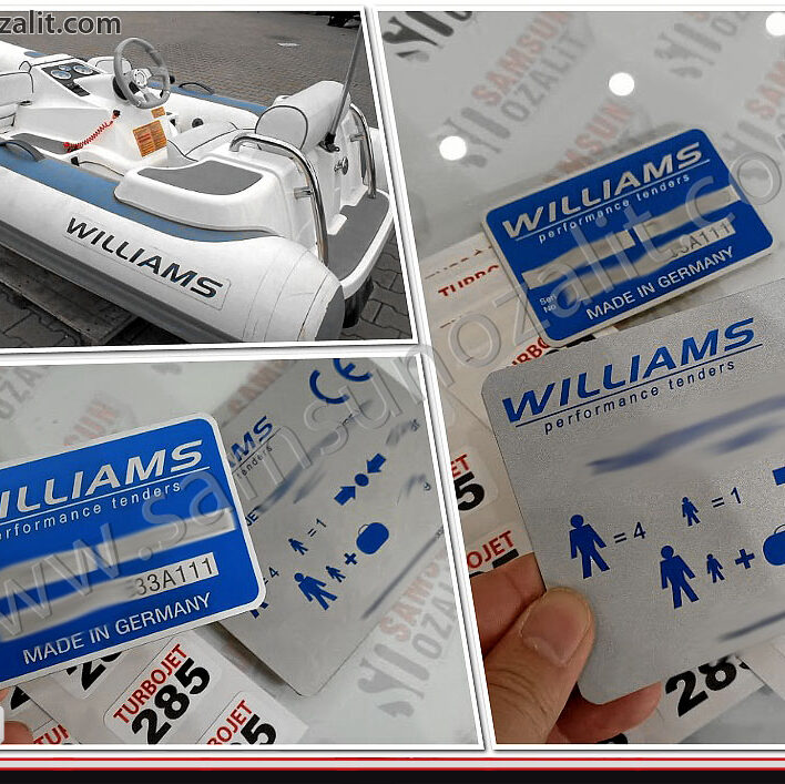 williams boat engine number, marine engine, marine boat, self-propelled marine boat williams engine chassis label, stainless aluminum outdoor durable product, quality product, printed in blue color, blue metal label,